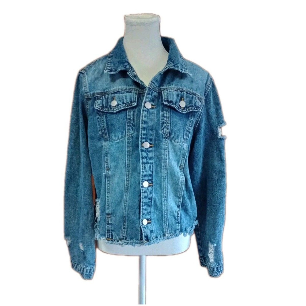 Denim Jean Jacket Distressed Cropped Women’s Large Raw Hem Blue Rodeo Concert